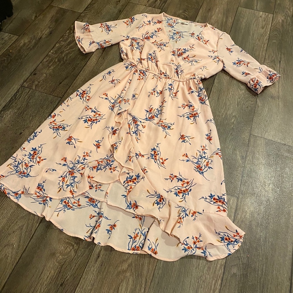 Studio by Bobeau Pink Floral Wrap Dress Midi Hi Lo Semi Sheer Medium - Picture 3 of 5